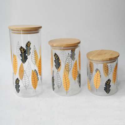 Bamboo Lid High Borosilicate Straight Side Glass Jar for Food Storage with Tree Leaves Printing