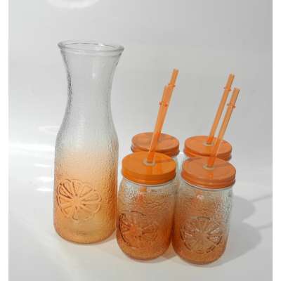 1 Liter Wide Mouth 5 pcs Glass Carafe set  orange design Elegant Wine Decanter and Drink Pitcher  Narrow Neck