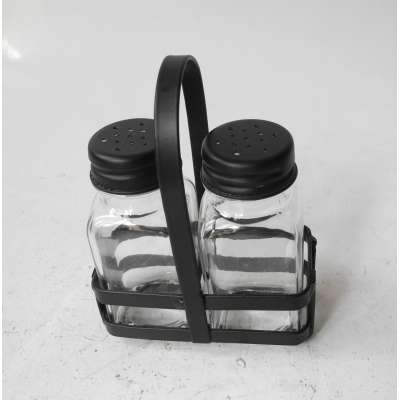 2 pcs black glass herbs and condiment bottle set with black rack spice rack black lids