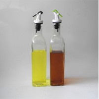 SET OF 2 16 Oz. (Ounce) Oil Vinegar Cruet, Square Tall Glass Bottle w/Stainless Steel Pourer Spout