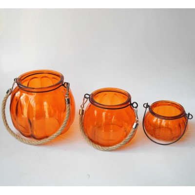 bright color orange pumpkin shape glass candle holder with rope wire handle