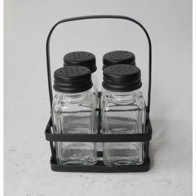 Spice Rack Stand with 4 Empty Glass Bottles Jar Metal black hole Lid for kitchen