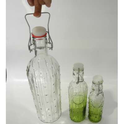 cactus Water Bottle Glass Pitcher with Airtight Seal Metal Clamp  Easy To Carry Handle