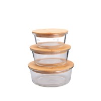 Eco-friendly 380ml 630ml 930ml high borosilicate glass lunch box with natural bamboo lid kitchenware food storage container