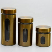 S/4 Stainless Steel Cylinder Kitchen Canister, Glass Window Storage Jars Set